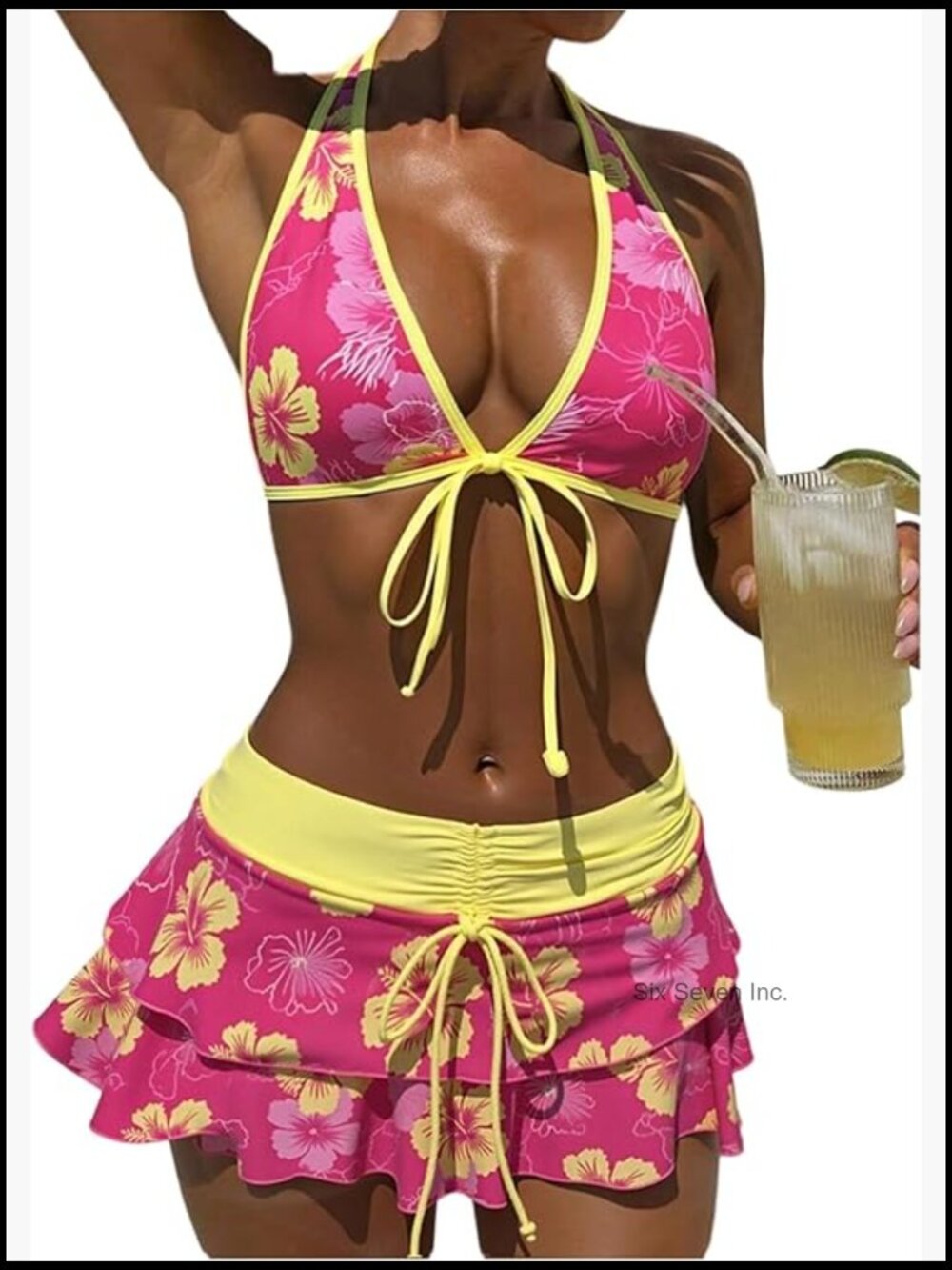 Women's 3 Piece Boho Floral Halter Bikini Set with Cover Up Skirt